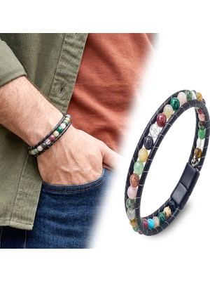 Kuşkaya Ticaret 6mm Çakra Akik Taşlı Deri Kordon ve Çelik Bileklik