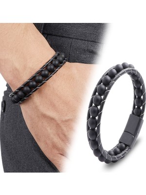 Kuşkaya Ticaret Mat Oniks Taşı Örmeli Deri Bileklik