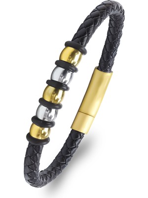 Kuşkaya Ticaret Orijinal Deri ve 316L Gold Çelik Erkek Bileklik 30264B21D2 - 21 cm