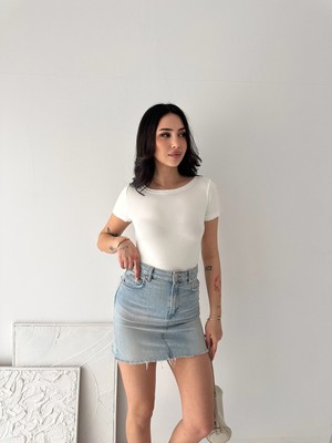 Elaxi Kadın Kısa Kollu Kayık Yaka Buzy Kumaş Tişört
