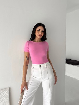 Elaxi Kadın Kısa Kollu Kayık Yaka Buzy Kumaş Tişört