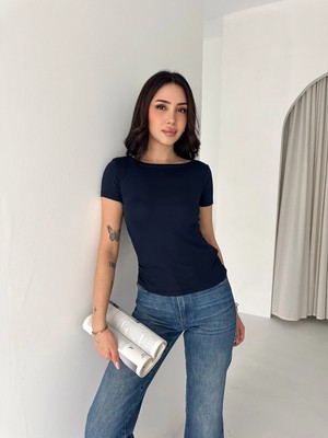 Elaxi Kadın Kısa Kollu Kayık Yaka Buzy Kumaş Tişört