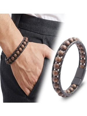 Kuşkaya Ticaret 8mm Ceviz Ağacı Deri Bileklik - 21 cm