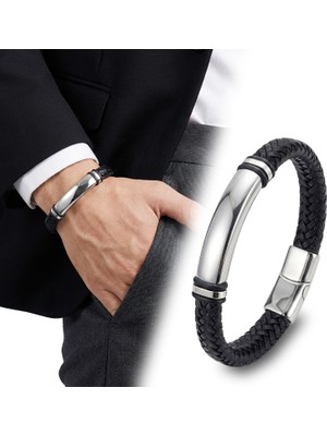 Kuşkaya Ticaret Isim Yazılabilir Siyah Deri ve Beyaz Titanyum Kilit Bileklik