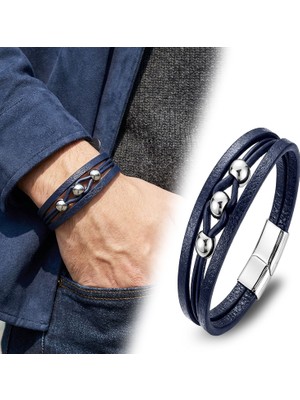 Kuşkaya Ticaret Çelik Top ve Lacivert Deri Bileklik