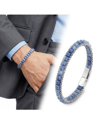 Kuşkaya Ticaret Mavi Aventurin Doğal Taşlı Hasır Örgü Zincirli Erkek Çelik Bileklik