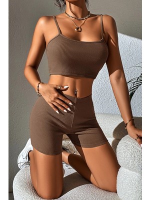 Amora Fancy Clothing Kadın Kahverengi Şortlu Kaşkorse Gecelik Takım