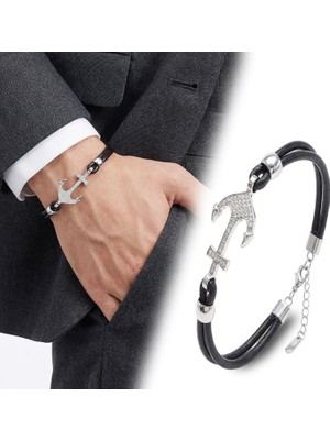 Kuşkaya Ticaret Zirkon Taşlı Çelik Çapa Detaylı Ayarlanabilir Deri Erkek Bileklik