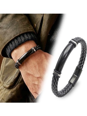 Kuşkaya Ticaret Isim Yazılabilir Siyah Beyaz Deri ve Siyah Titanyum Kilit Bileklik