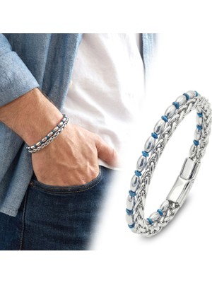 Kuşkaya Ticaret Çelik Zincirli Gümüş Arpa ve Mavi Hematit Bileklik
