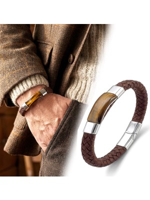 Kuşkaya Ticaret Kaplan Gözü Taşlı Kahverengi Deri Erkek Çelik Bileklik