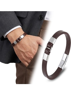 Kuşkaya Ticaret Erkek Beyaz Çelik ve Kahve Deri Bileklik