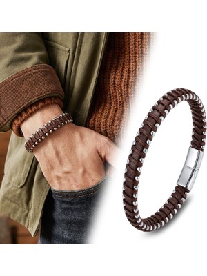 Kuşkaya Ticaret Damla Çelik Zincir Kahve Rengi Deri Dolama Erkek Bileklik