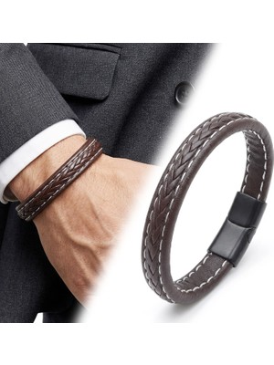 Kuşkaya Ticaret Kahve Saç Örgülü Deri Bileklik Zamak Kilit