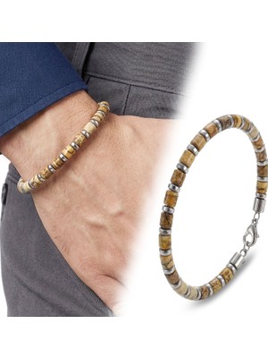 Kuşkaya Ticaret Odun Jasper & Silver Hematit Taşlı Ayarlanabilir Çelik Zincir Erkek Bileklik
