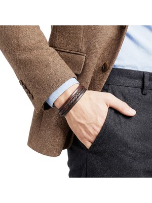 Kuşkaya Ticaret Kahverengi Siyah Deri Erkek Bileklik – Titanyum Çelik Manyetik Kilitli