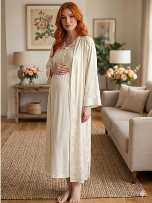 Amora Fancy Clothing Bone 6202 Kadın Jakar Saten Lohusa Uzun Sabahlıklı Gecelik Takım