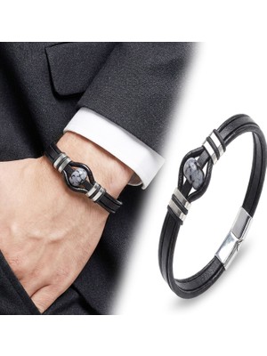 Kuşkaya Ticaret Snowy Obsidian Rondela Doğaltaş ve Deri Çelik Bileklik