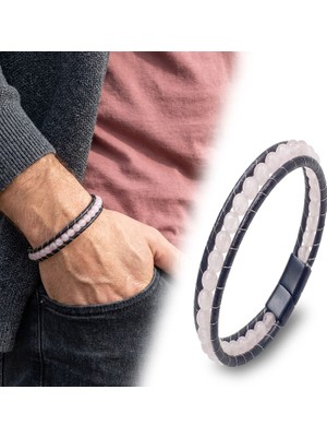 Kuşkaya Ticaret 6mm Pembe Kuvars Deri Kordon Bileklik