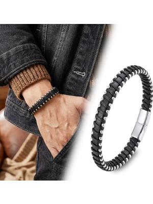 Kuşkaya Ticaret Damla Çelik Siyah Zincir Deri Dolama Erkek Bileklik