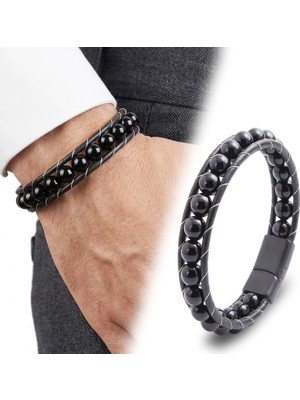 Kuşkaya Ticaret Parlak Oniks Taşı Örmeli Deri Bileklik