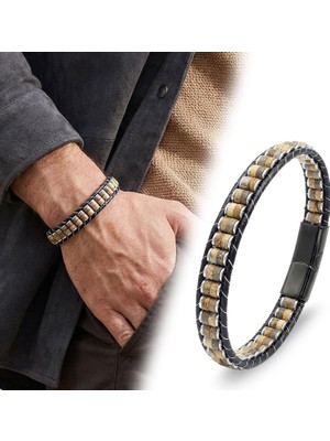 Kuşkaya Ticaret Odun Jasper & Hematit Çelik Örgülü Deri Bileklik