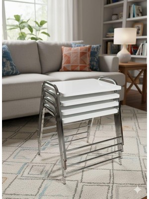 Eryalux Home 4'lü Tepsi Model Gümüş-Beyaz Zigon Sehpa