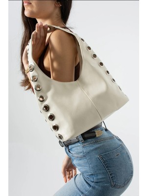 Özüm Çanta Günlük Şık Tasarım Metal Halka Detay Yumuşak Deri Görünümlü Kadın Kol ve Omuz Çanta Krem