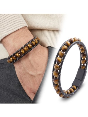 Kuşkaya Ticaret Kaplan Gözü Doğaltaşlı Deri Bileklik