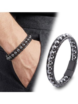 Kuşkaya Ticaret Hematit Doğaltaşlı Deri Bileklik