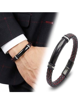 Kuşkaya Ticaret Isim Yazılabilir Kırmızı Siyah Deri ve Siyah Titanyum Kilit Bileklik