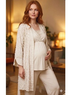 Amora Fancy Clothing Bone 6209 Kadın 3'lü Dokuma Sabahlıklı Lohusa Pijama Takımı