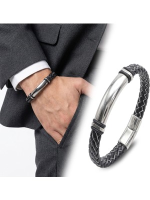 Kuşkaya Ticaret Isim Yazılabilir Siyah Beyaz Deri ve Beyaz Titanyum Kilit Bileklik