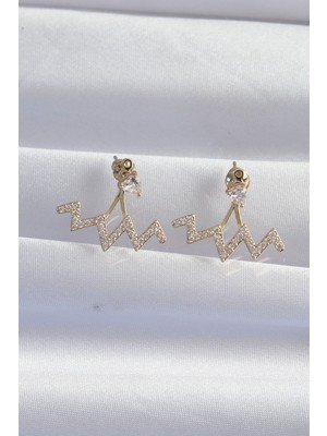 Bezos Pirinç Gold Renk Zirkon Taşlı Zikzak Küpe