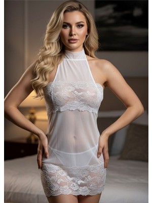 Pileli Store Beyaz Dantel Gecelik - 669