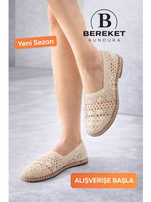Bereket Kundura 7912 Model Kadın Günlük Bej Dantel Espadril Babet Ayakkabı