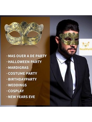 NW NessiWorld Altın Renk Eskitme Maskeli Balo Maskesi – Venedik Tarzı Parti Maskesi