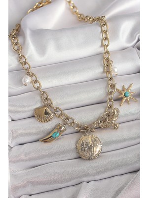 Bezos 316L Çelik Gold Renk Zincir Sallantılı Çoklu Figür Model Kadın Kolye