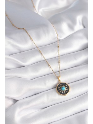 Bezos 316L Çelik Gold Renk Mavi Boncuk Güneş Işleme Madalyon Model Kadın Kolye