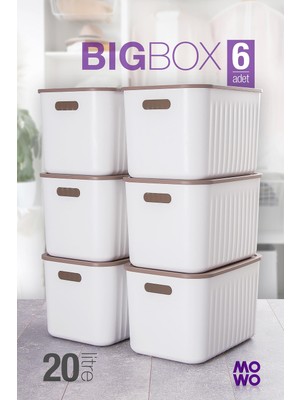Mowo Home Bigbox 20 Lt 6'lı Beyaz Dolap Düzenleyici Kapaklı Saklama Kutusu Sepet Organizer Oyuncak Kutusu