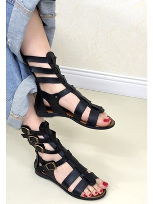 Alfaze Siyah Deri Kemerli Bodrum Arkadan Fermuarlı Sandalet