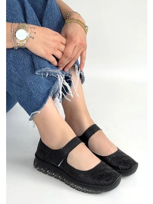 Kazax Sina Siyah Deri Cırt Cırtlı Babet Ayakkabı