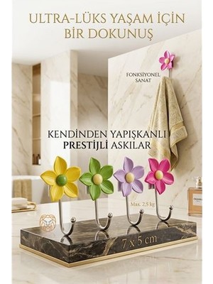 Pileli Store  4'lü Dekoratif Çiçekli Askı Seti - Banyo Askısı Mutfak Askısı Sanatsal Organizasyon 723058
