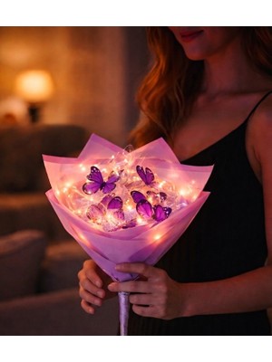 B&Nine LED Işıklı Mor Kelebek Buketi Dekoratif Konsept Hediye Anneye, Sevgiliye, Arkadaşa