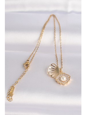 Bezos 316L Çelik Zincir Altın Renk Zirkon Taşlı Inci Detay Istiridye Kolye