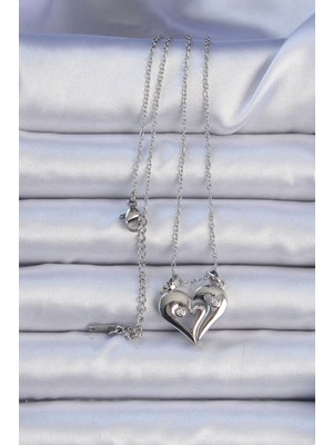 Bezos 316L Çelik Zincir Gümüş Renk Zirkon Taşlı Mıknatıslı Kalp Kolye