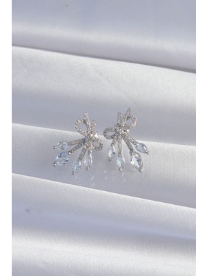 Bezos Pirinç Gümüş Renk Zirkon Taşlı Fiyonk Küpe