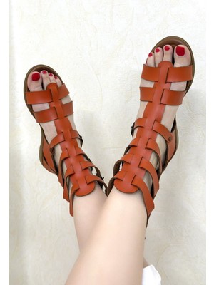 Alfaze Turuncu Deri Kemerli Bodrum Arkadan Fermuarlı Sandalet