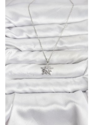 Bezos 316L Çelik Zincir Gümüş Renk Yıldız Model Zirkon Taşlı Kadın Kolye