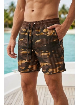 Tarz Yeri Erkek Deniz Şortu Fermuarlı Cepli File Astarlı Hızlı Kuruyan Premium - Kahverengi